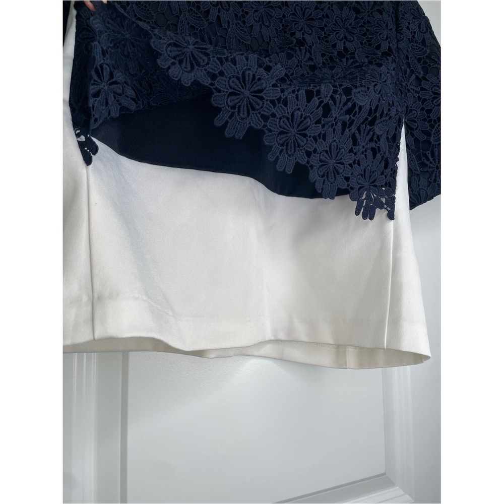 Women's Navy Blue Floral Lace White Layered Short Sleeve Top Office Classy Large - Picture 5 of 7